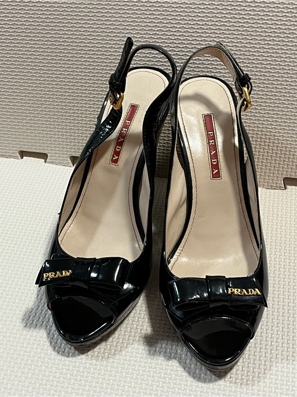 Prada Black Patent Leather Bow Espadrille Slingback Wedges Size 37